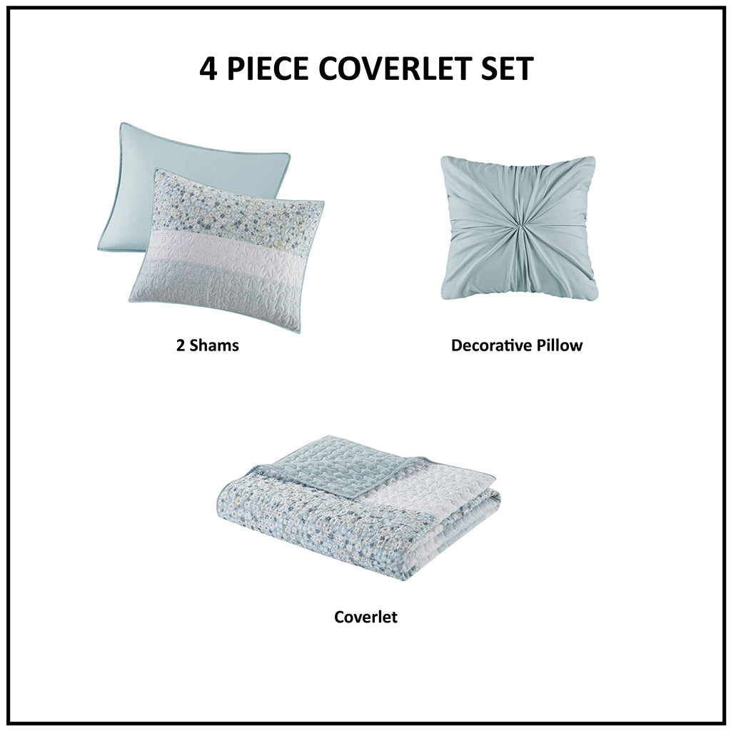 4 Piece Seersucker Quilt Set With Throw Pillow Aqua Polyester