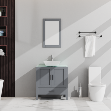 Goodyo 30" Bathroom Vanity And Sink Combo Glass Top Cabinet W Mirror, Gray 1 Gray 2 24 To 35 In 24 To 31 In Mirror Included Bathroom Freestanding American Design 15 20 Inches Mdf Mdf Glass