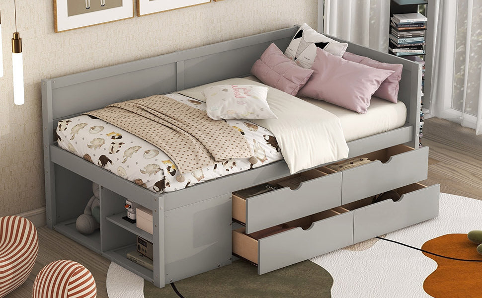 Twin Size Daybed With Drawers And Shelves, Gray Gray Solid Wood