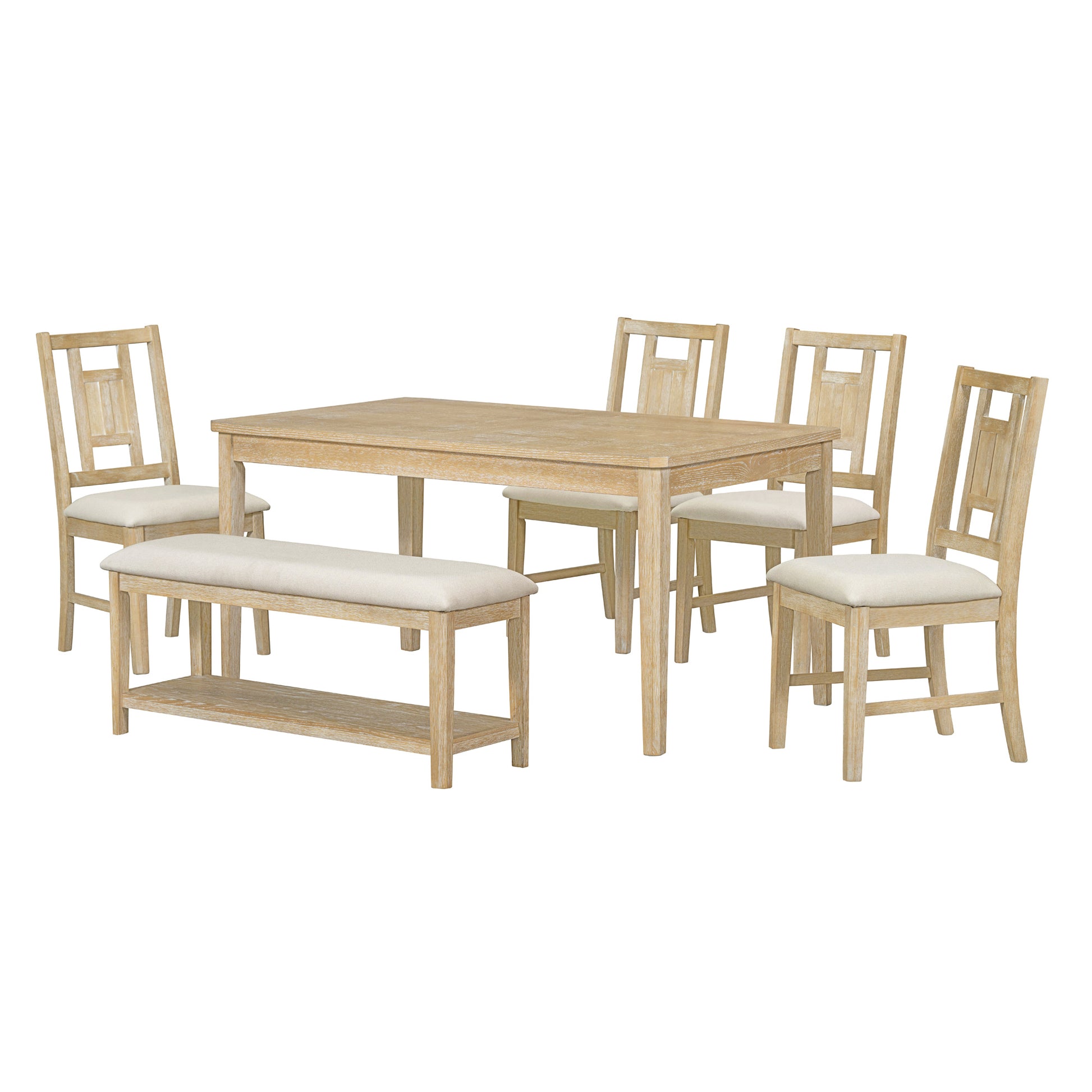 6 Piece Retro Dining Set, Minimalist Dining Table And 4 Upholstered Chairs & 1 Bench With A Shelf For Dining Room Natural Wood Wash Natural Wood Wash Mdf