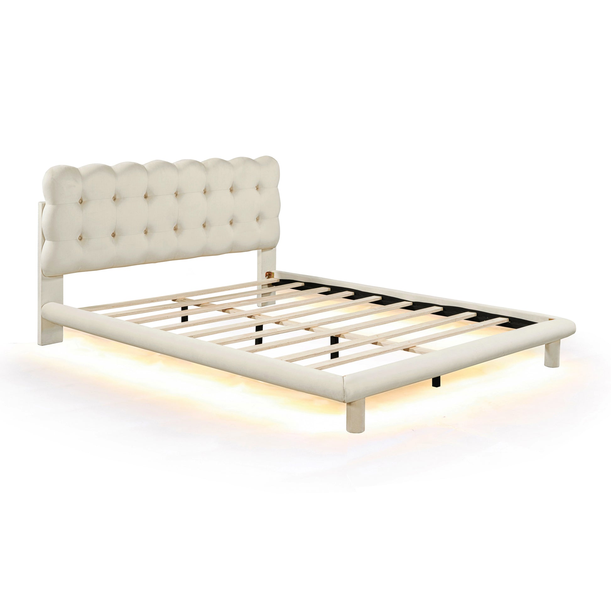 Queen Size Velvet Platform Bed With Led Frame, Thick & Soft Fabric And Button Tufted Design Headboard, Beige Beige Velvet