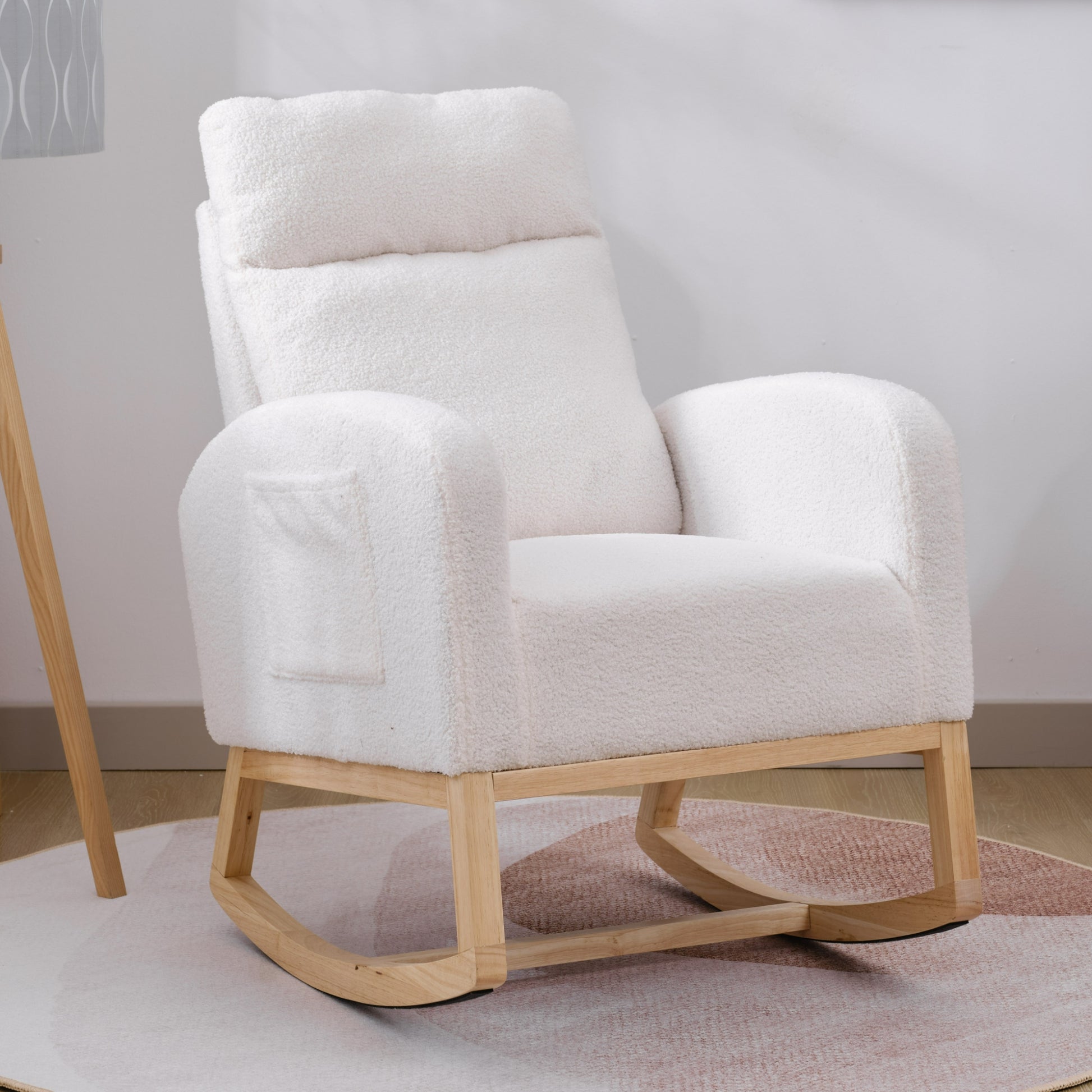 Modern Accent Rocking Chair Rocking Chair With Solid Wood Legs, Upholstered Nursery Glider Rocker, Comfy Armchair With Side Pocket, Living Room Lounge Arm Chair With High Backrest White,Teddy White White Primary Living Space Casual Foam Teddy