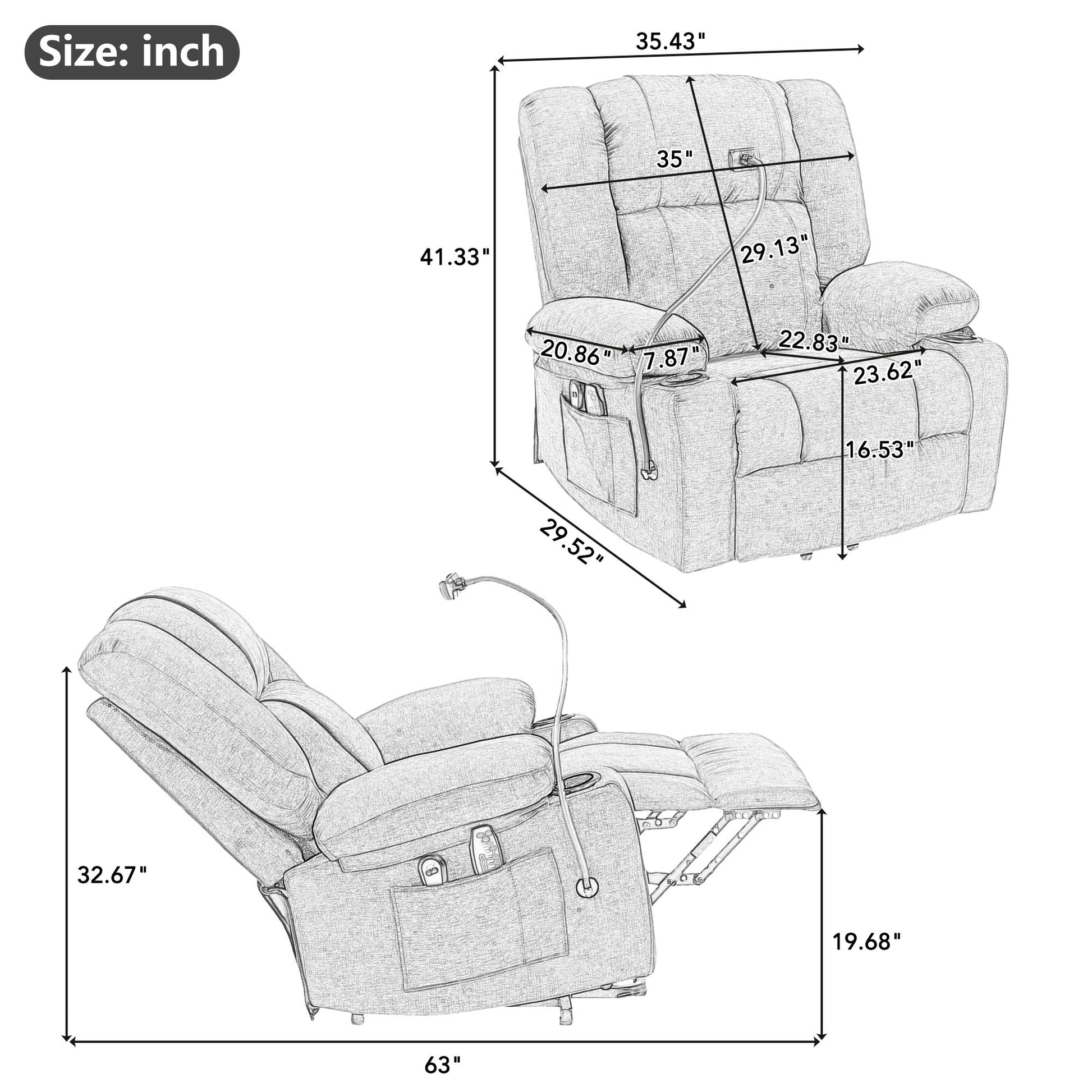 Power Lift Recliner Chair Electric Recliner For Elderly Recliner Chair With Massage And Heating Functions, Remote, Phone Holder Side Pockets And Cup Holders For Living Room, Grey Grey Foam Chenille