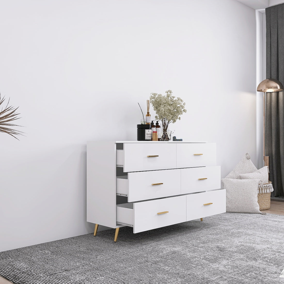 High Glossy Surface 6 Drawers Chest Of Drawer With Golden Handle And Golden Steel Legs White Color Vanity White Bedroom Modern Engineered Wood