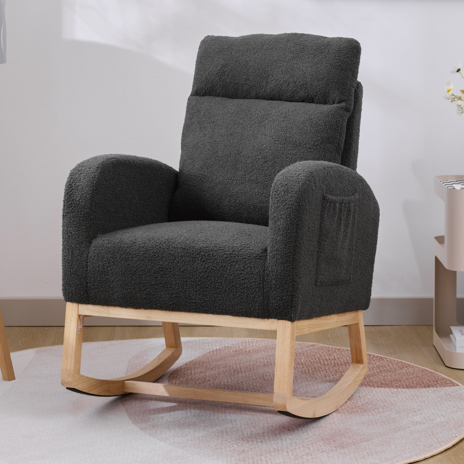 Modern Accent Rocking Chair Rocking Chair With Solid Wood Legs, Upholstered Nursery Glider Rocker, Comfy Armchair With Side Pocket, Living Room Lounge Arm Chair With High Backrest Dark Grey,Teddy Dark Grey White Primary Living Space Casual Foam Teddy