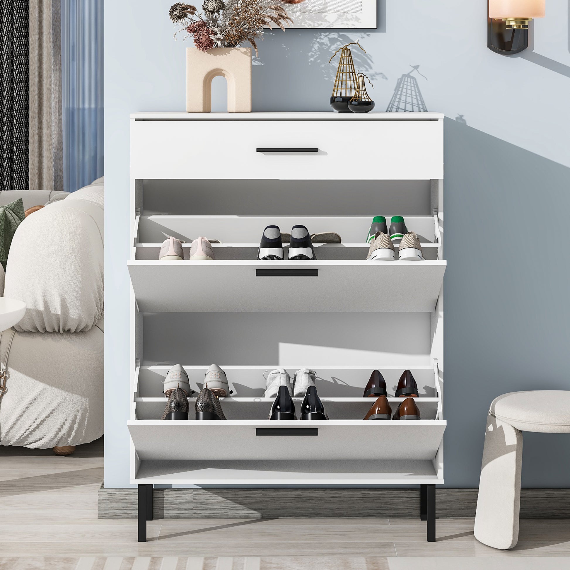 Shoe Cabinet, Freestanding Shoe Rack Storage Organizer With Drawers & Metal Legs, Modern Shoe Storage Cabinet With 2 Flip Drawers For Entryway 3 4 Spaces White Particle Board