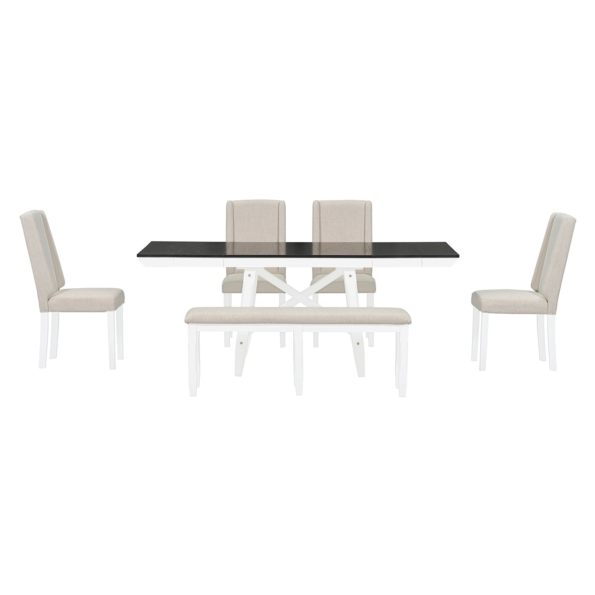 6 Piece Classic Dining Table Set, Rectangular Extendable Dining Table With Two 12"W Removable Leaves And 4 Upholstered Chairs & 1 Bench For Dining Room White Black White Black Solid Wood