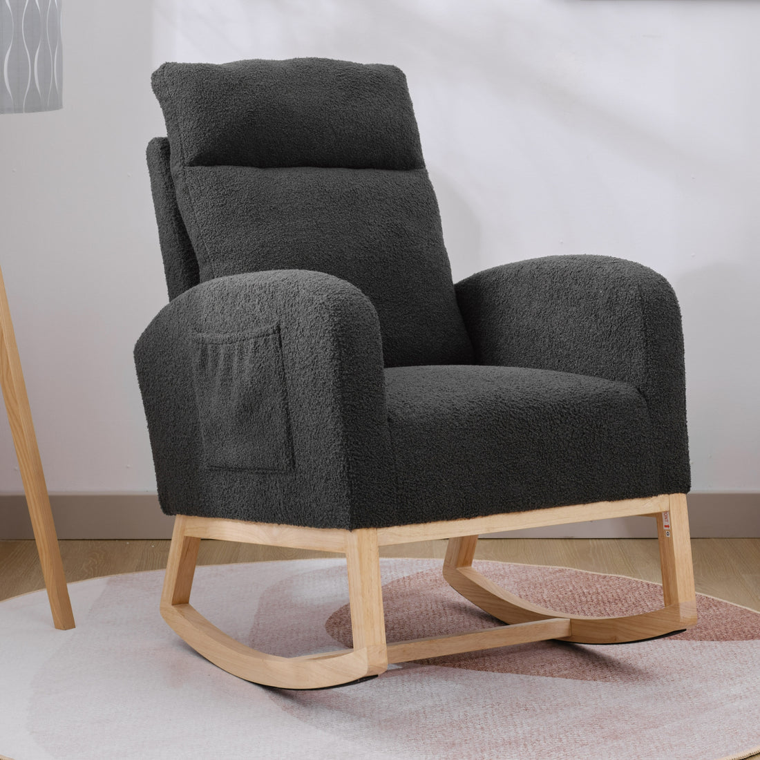 Modern Accent Rocking Chair Rocking Chair With Solid Wood Legs, Upholstered Nursery Glider Rocker, Comfy Armchair With Side Pocket, Living Room Lounge Arm Chair With High Backrest Dark Grey,Teddy Dark Grey White Primary Living Space Casual Foam Teddy