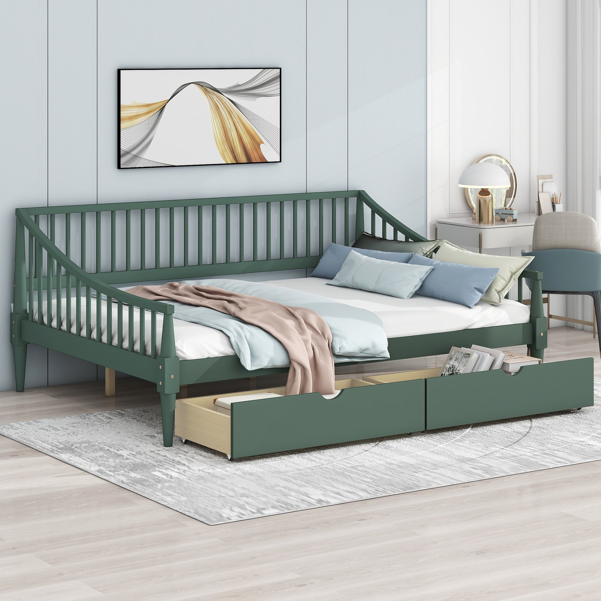 Full Size Daybed With Two Storage Drawers And Support Legs, Green Green Solid Wood Mdf