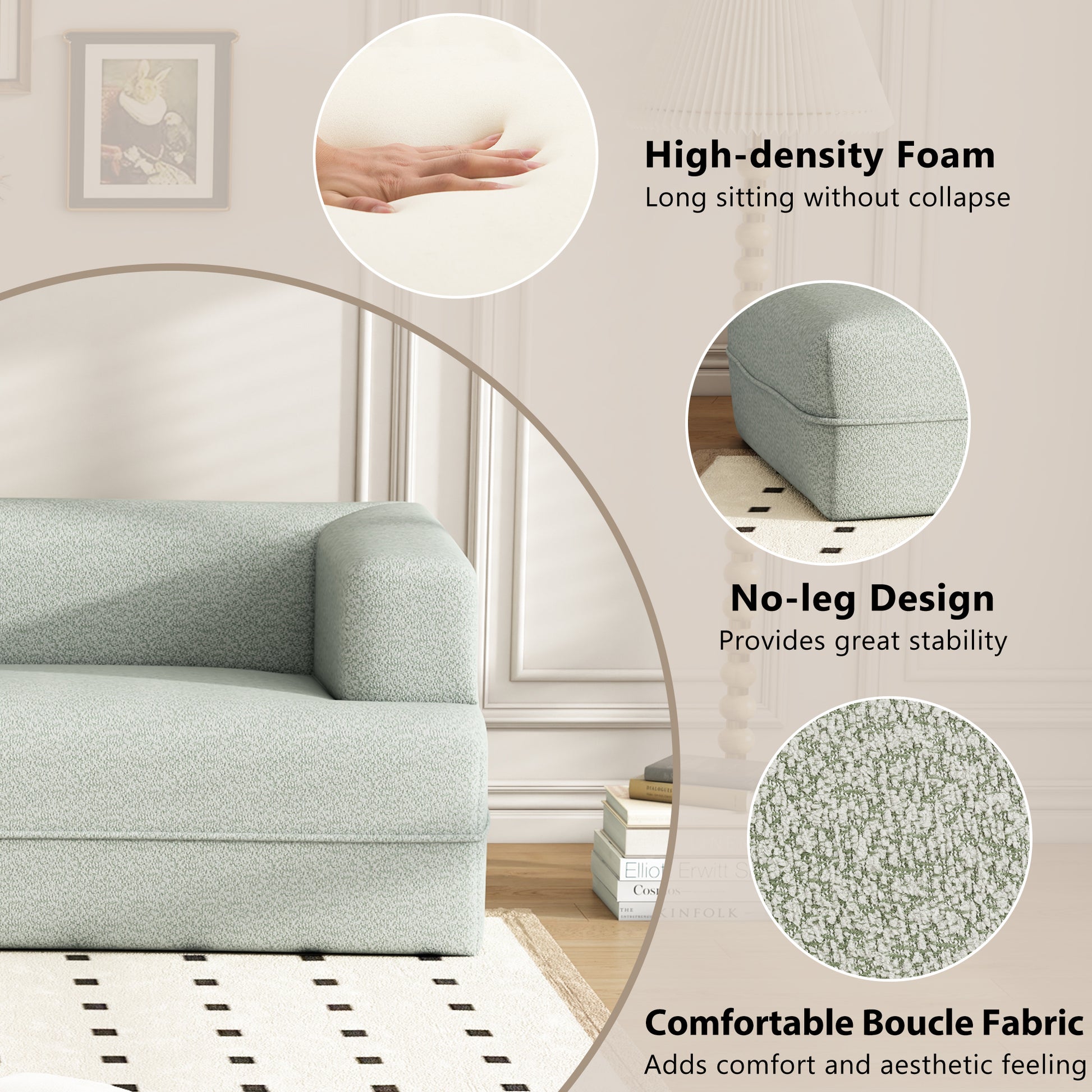 109.4" Curved Chaise Lounge Modern Indoor Sofa Couch For Living Room, Green Old Sku:Wf313109Aaf Green Boucle