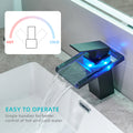 Bathroom Sink Faucet Led Light 3 Colors Changing Waterfall Glass Spout Hot Cold Water Mixer Single Handle One Hole Deck Mounted Bathroom Faucet Black Lavatory Vanity Basin Bath Plumbing Fixtures Bathroom Knob Handles Geometric One Black Side Sprayer Deck