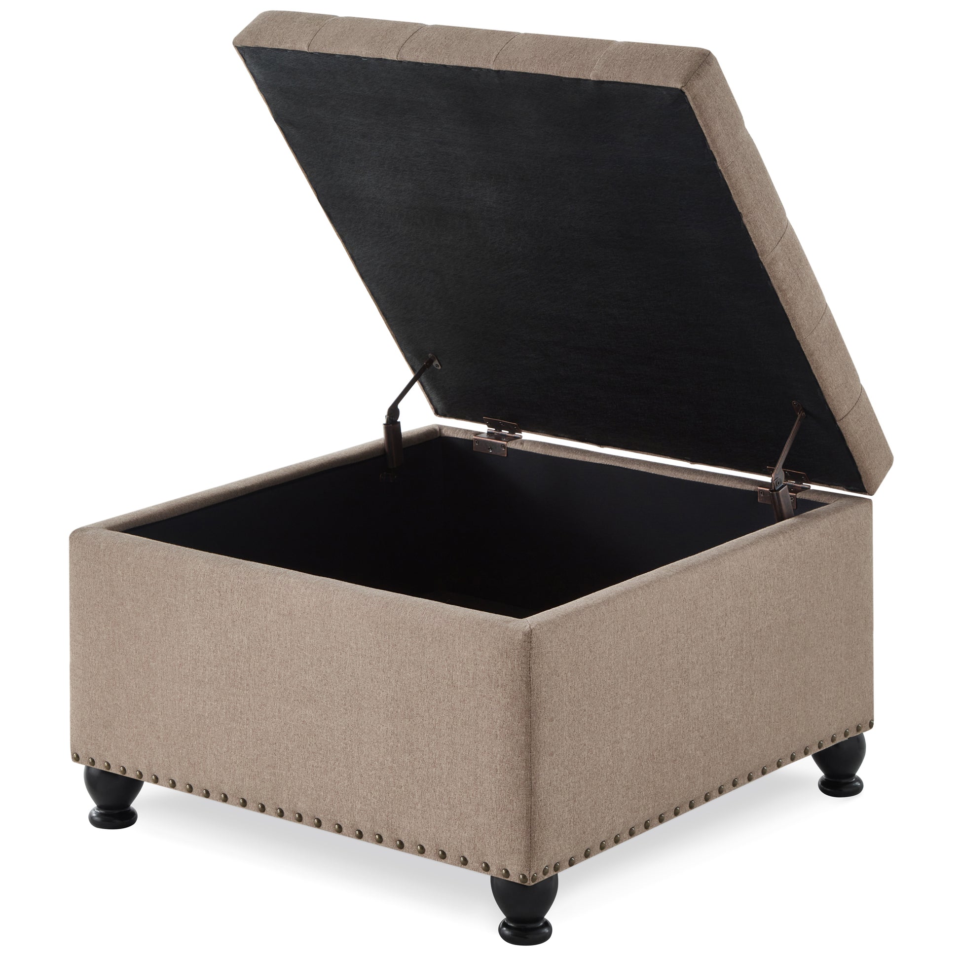 Large Square Storage Ottoman With Wooden Legs, Upholstered Button Tufted Coffee Table With Nail Trims For For Living Space,Linen Espresso Wood Primary Living Space Black Solid Rubberwood Wood With Storage Linen Linen Linen Or Linen Blend Backless Medium