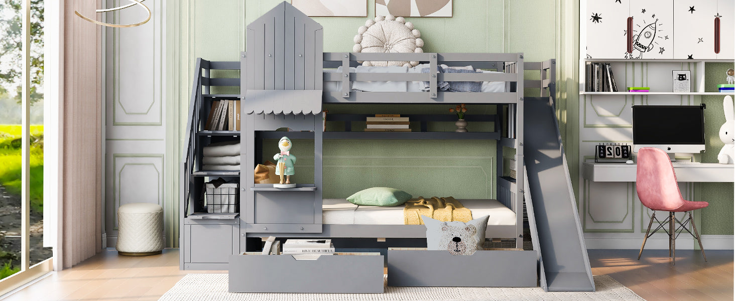 Twin Over Twin Castle Style Bunk Bed With 2 Drawers 3 Shelves And Slide Gray Gray Solid Wood
