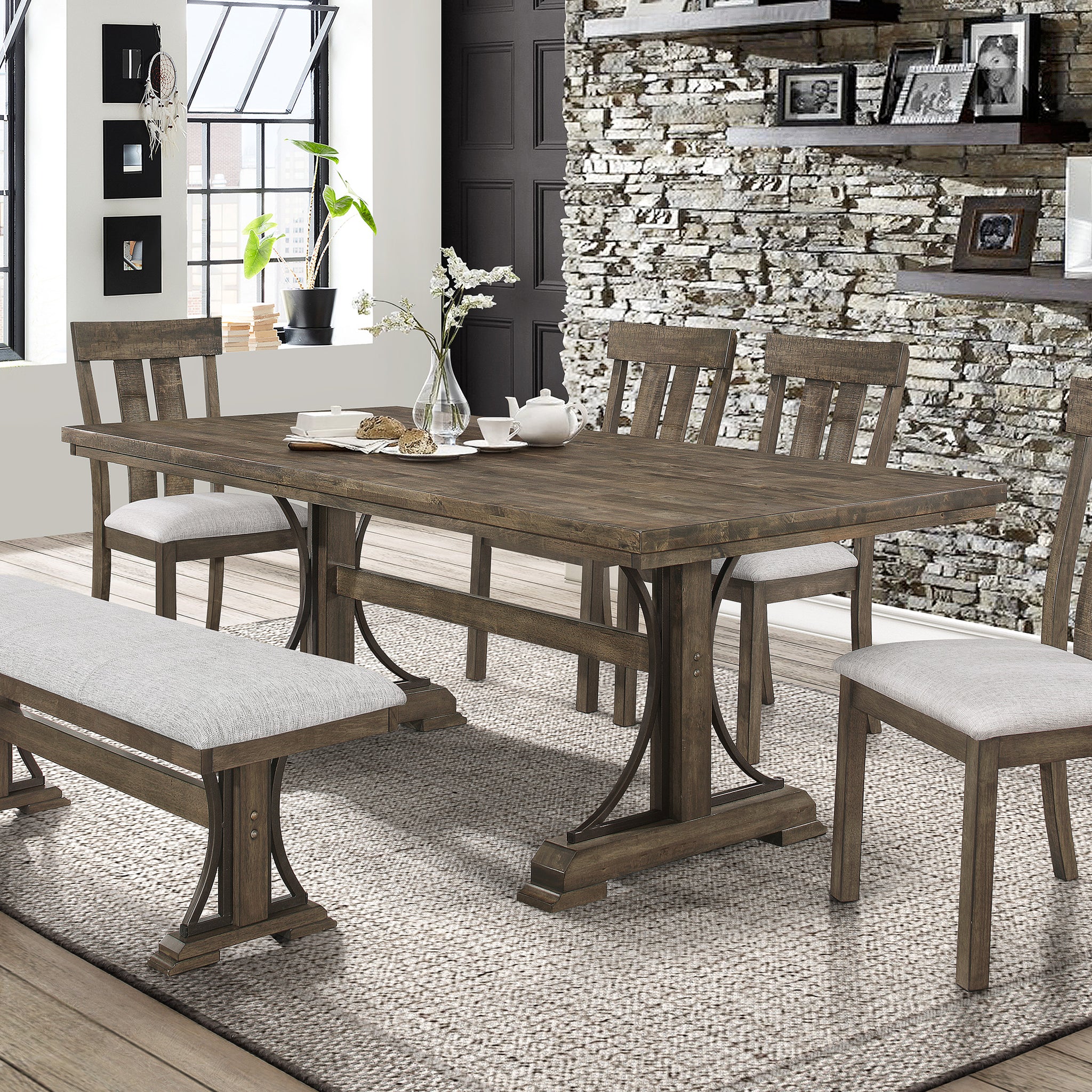 6Pc Dining Set Rustic Light Brown Finish Trestle Base Curved Metal Accents Upholstered Seats Chair Bench Wooden Dining Room Furniture Wood Wood Antique Brown Seats 6 Wood Dining Room Fixed Table Contemporary,Transitional Rectangular Trestle Rectangular