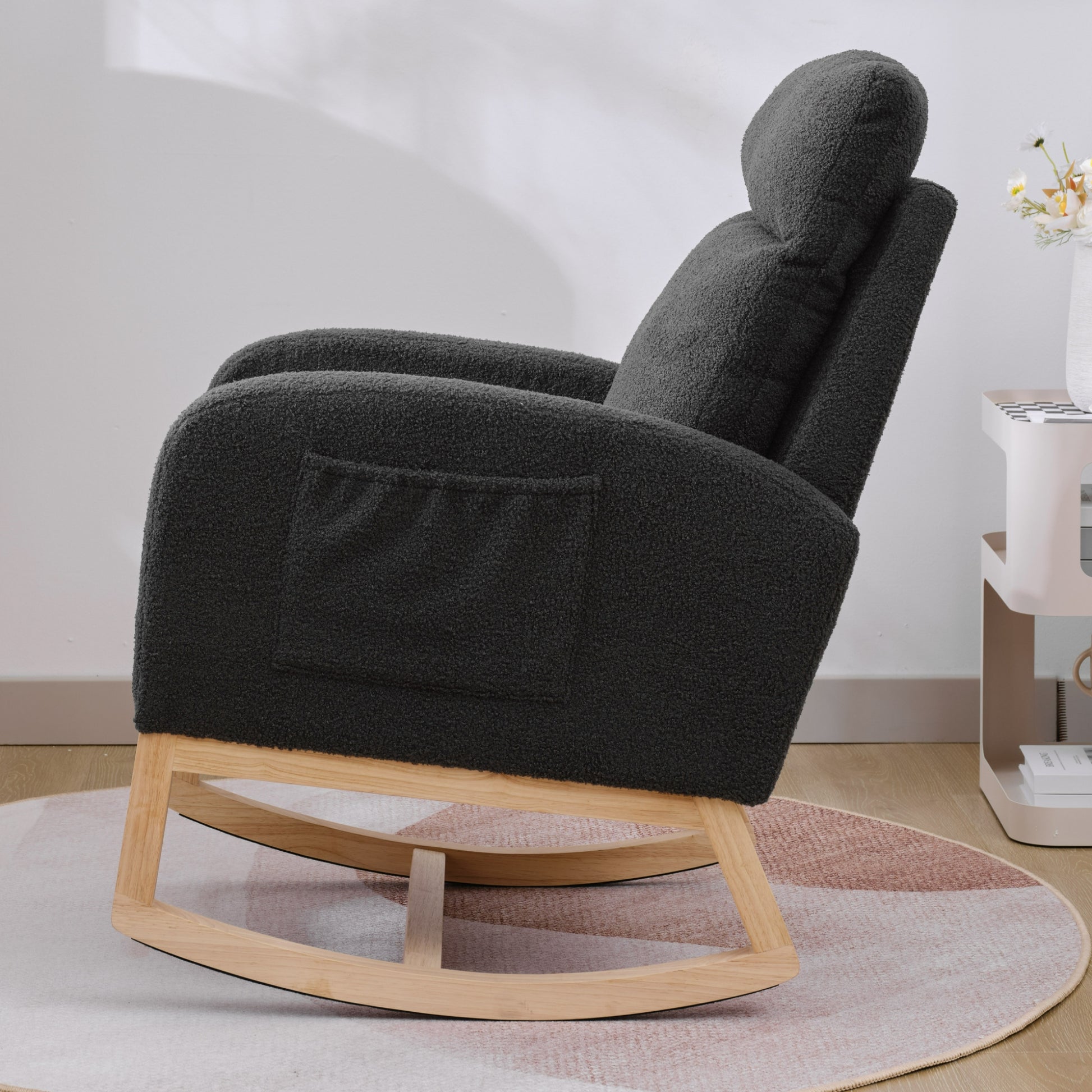 Modern Accent Rocking Chair Rocking Chair With Solid Wood Legs, Upholstered Nursery Glider Rocker, Comfy Armchair With Side Pocket, Living Room Lounge Arm Chair With High Backrest Dark Grey,Teddy Dark Grey White Primary Living Space Casual Foam Teddy