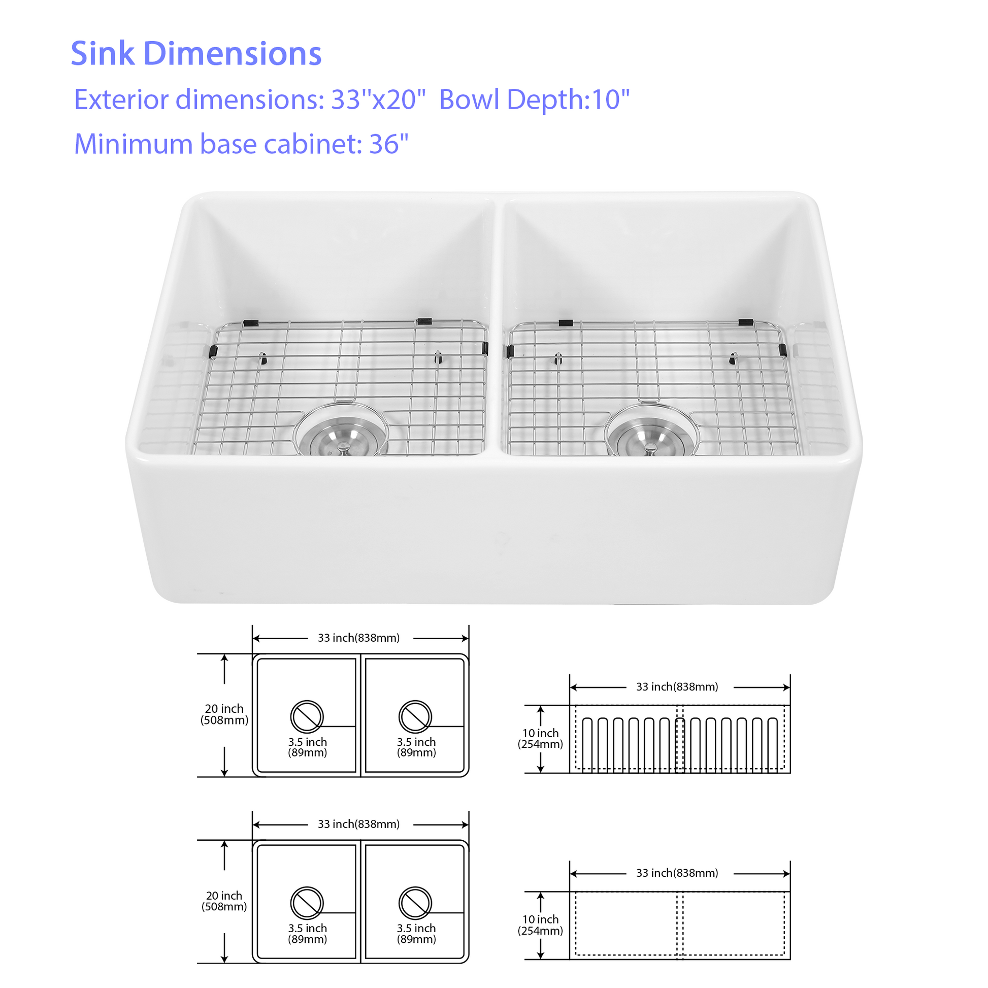 White Farmhouse Sink 33 Inch White Ceramic Double Bowl Farm Kitchen Sink White Ceramic