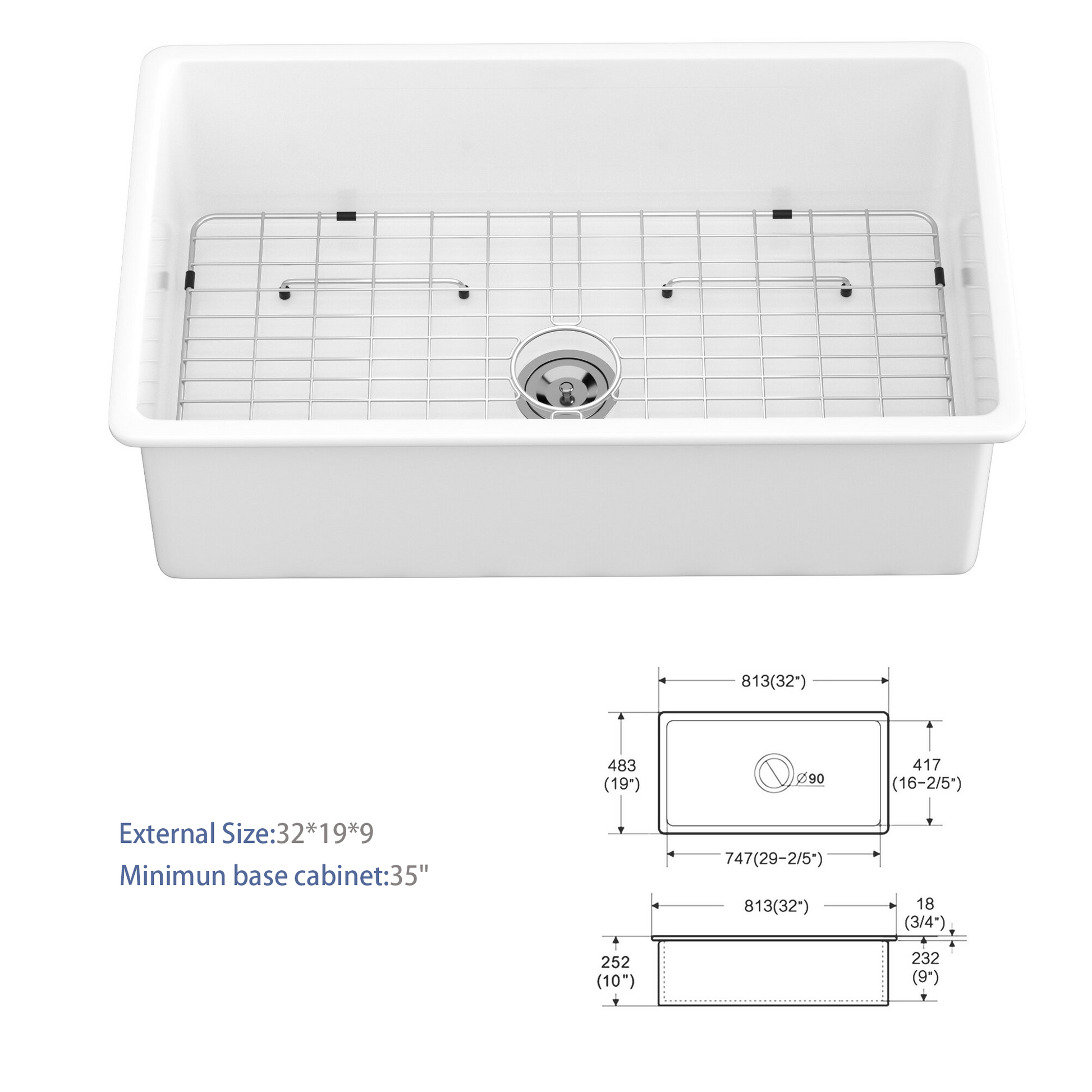 32" Undermount Single Bowl Ceramic Kitchen Sink Dual Mount White Ceramic Rectangular Deep Single Bowl Sink Basin White Ceramic