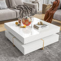 Modern High Gloss Coffee Table With 4 Drawers, Multi Storage Square Cocktail Tea Table With Wood Grain Legs, Center Table For Living Room, 31.5''X31.5'', White White Primary Living Space Drawers Particle Board