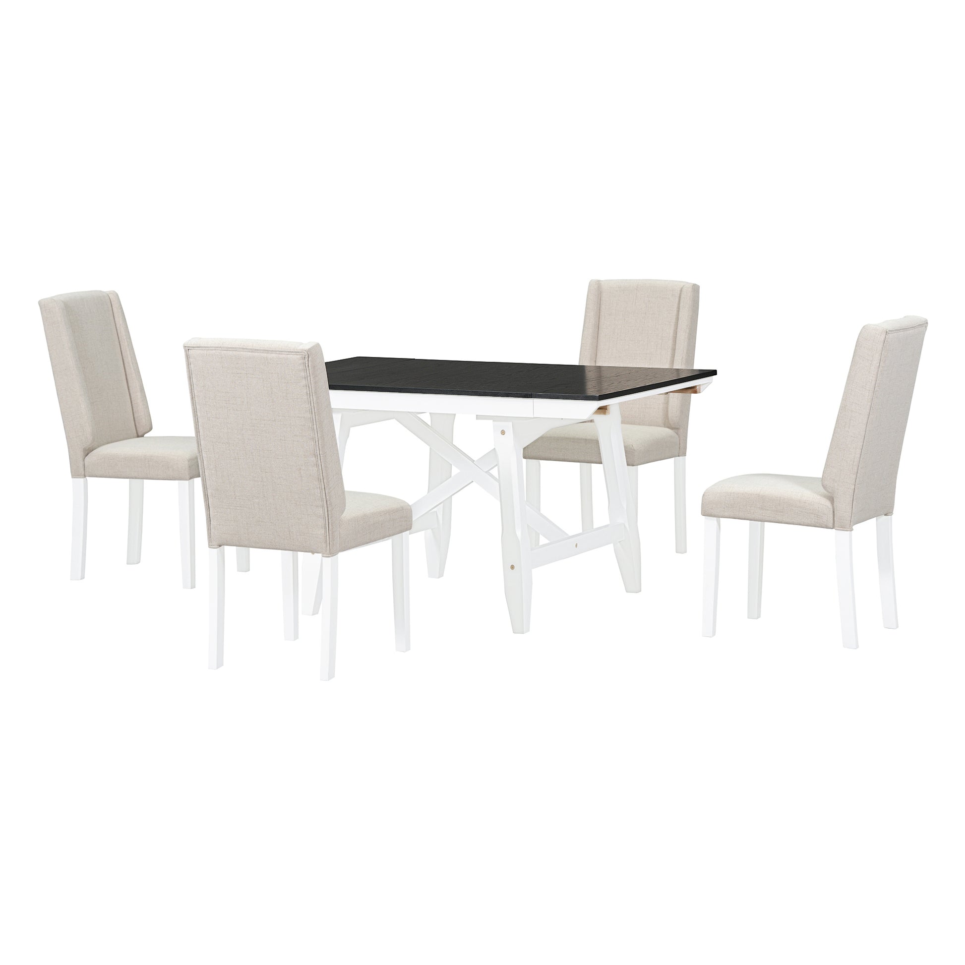 6 Piece Classic Dining Table Set, Rectangular Extendable Dining Table With Two 12"W Removable Leaves And 4 Upholstered Chairs & 1 Bench For Dining Room White Black White Black Solid Wood