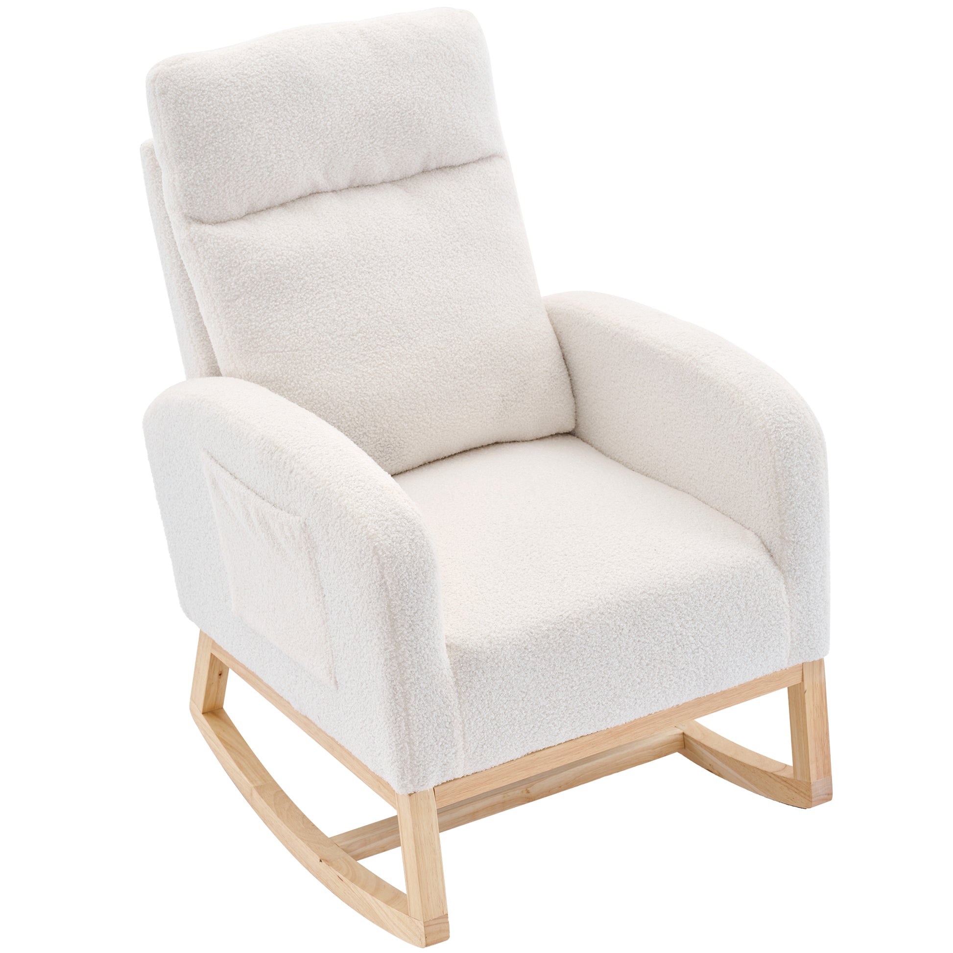 Modern Accent Rocking Chair Rocking Chair With Solid Wood Legs, Upholstered Nursery Glider Rocker, Comfy Armchair With Side Pocket, Living Room Lounge Arm Chair With High Backrest White,Teddy White White Primary Living Space Casual Foam Teddy