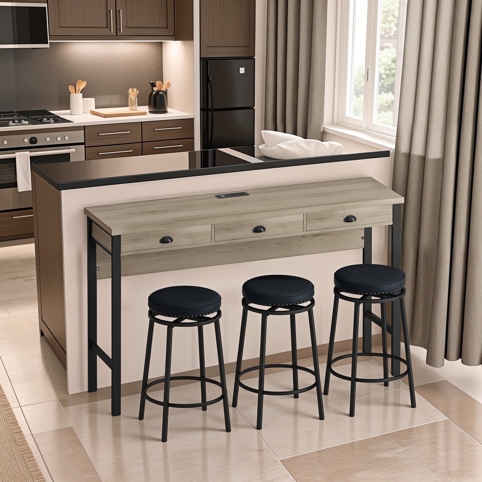 3 Drawer Long Dining Table Set With Power Outlets, Bar Kitchen Table Set With Circular Pu Stools, Easy Assemble, Brown Gray Table Black Stool Upholstered Chair Wood Black Metal Dining Table With Chair Mdf Metal