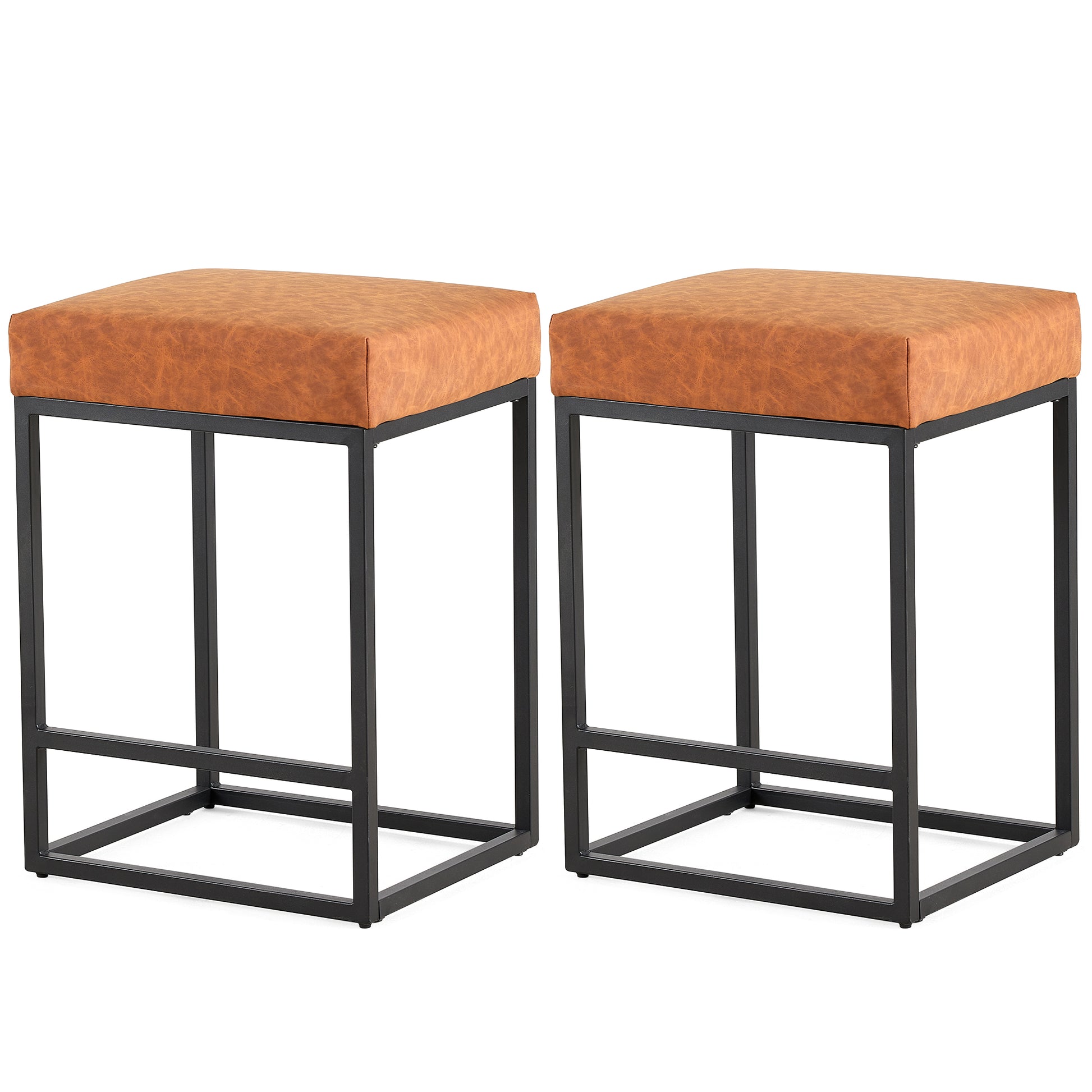 Brown Pu Upholstered Counter & Bar Stool With Footrest, Pu Leather Set Of 2 Metal Brown Dining Room Pu Leather