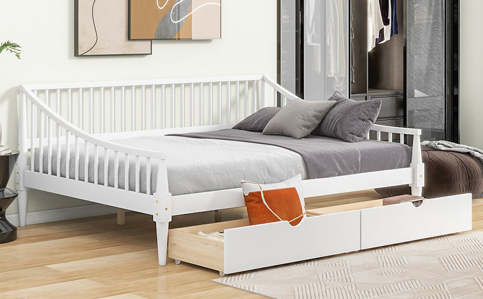 Full Size Daybed With Two Storage Drawers And Support Legs, White White Solid Wood Mdf