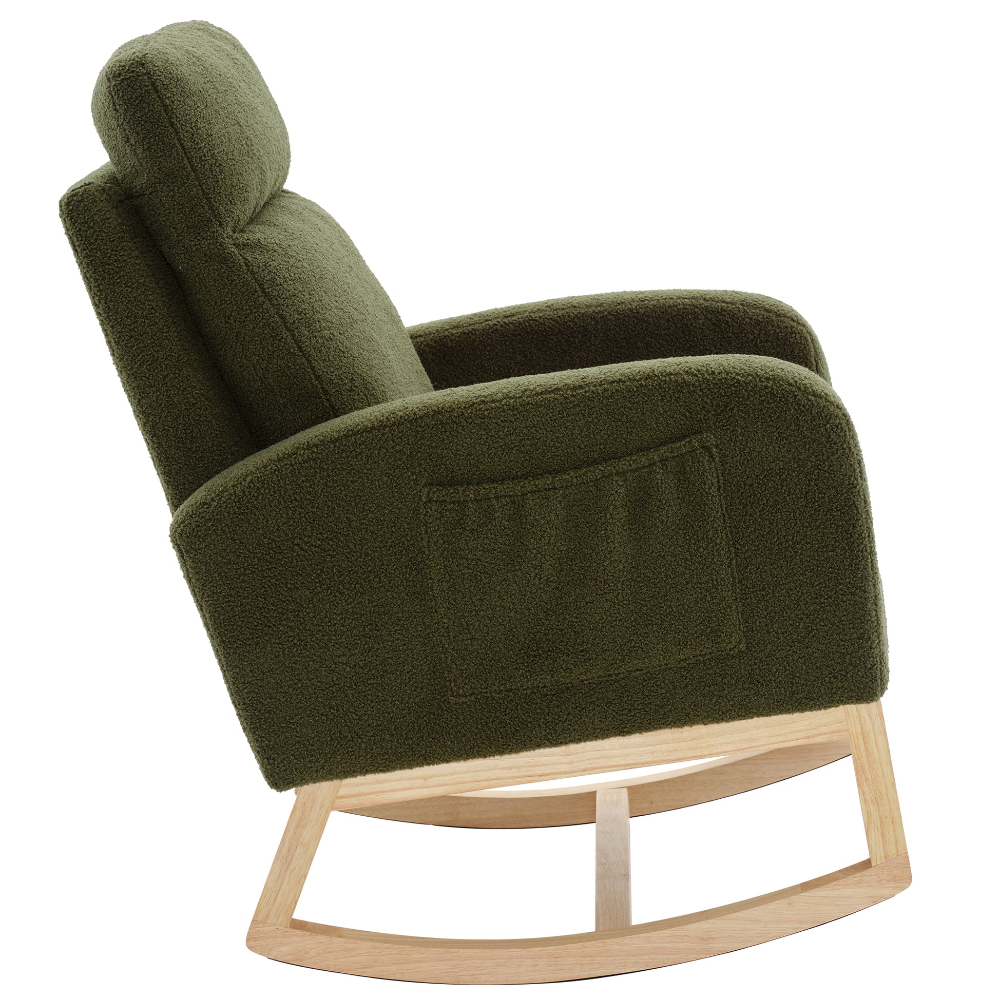 Modern Accent Rocking Chair Rocking Chair With Solid Wood Legs, Upholstered Nursery Glider Rocker, Comfy Armchair With Side Pocket, Living Room Lounge Arm Chair With High Backrest Dark Green,Teddy Dark Green White Primary Living Space Casual Foam Teddy