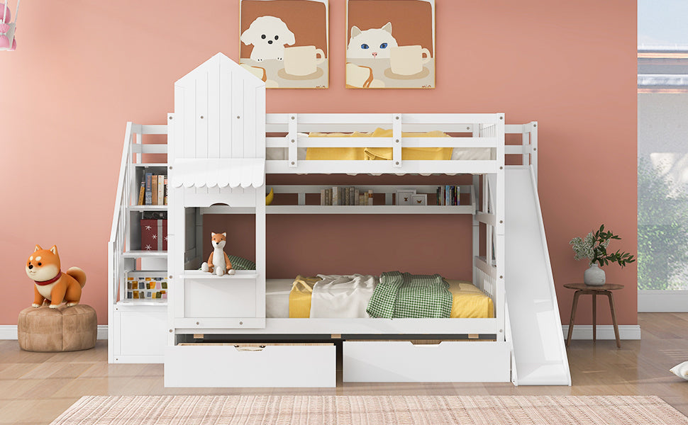 Full Over Full Castle Style Bunk Bed With 2 Drawers 3 Shelves And Slide White White Solid Wood