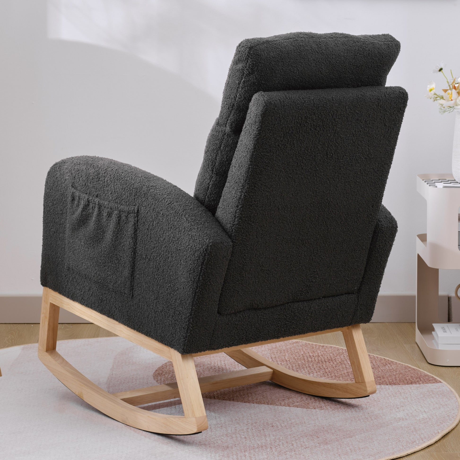 Modern Accent Rocking Chair Rocking Chair With Solid Wood Legs, Upholstered Nursery Glider Rocker, Comfy Armchair With Side Pocket, Living Room Lounge Arm Chair With High Backrest Dark Grey,Teddy Dark Grey White Primary Living Space Casual Foam Teddy