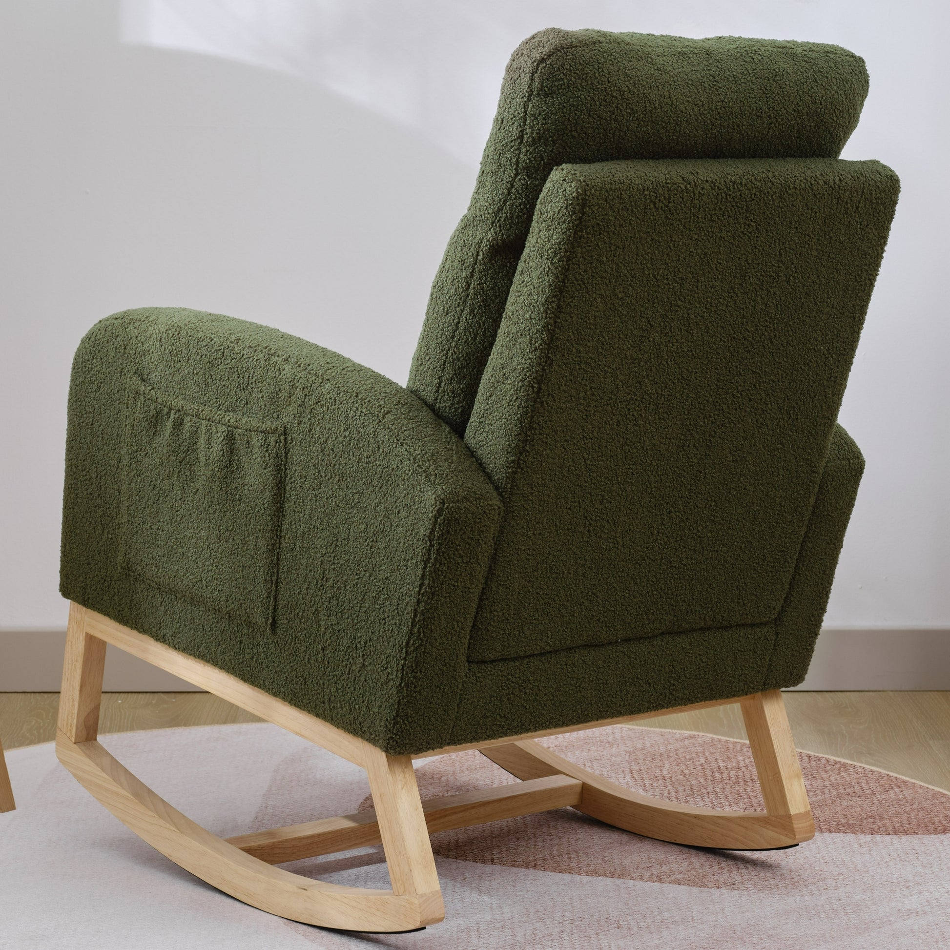 Modern Accent Rocking Chair Rocking Chair With Solid Wood Legs, Upholstered Nursery Glider Rocker, Comfy Armchair With Side Pocket, Living Room Lounge Arm Chair With High Backrest Dark Green,Teddy Dark Green White Primary Living Space Casual Foam Teddy