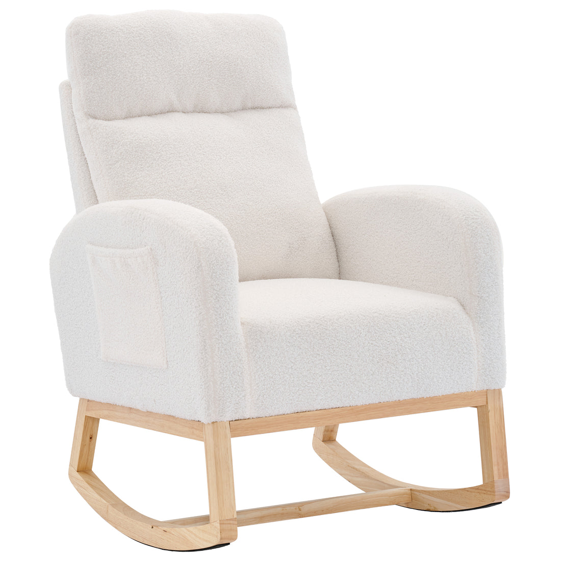 Modern Accent Rocking Chair Rocking Chair With Solid Wood Legs, Upholstered Nursery Glider Rocker, Comfy Armchair With Side Pocket, Living Room Lounge Arm Chair With High Backrest White,Teddy White White Primary Living Space Casual Foam Teddy