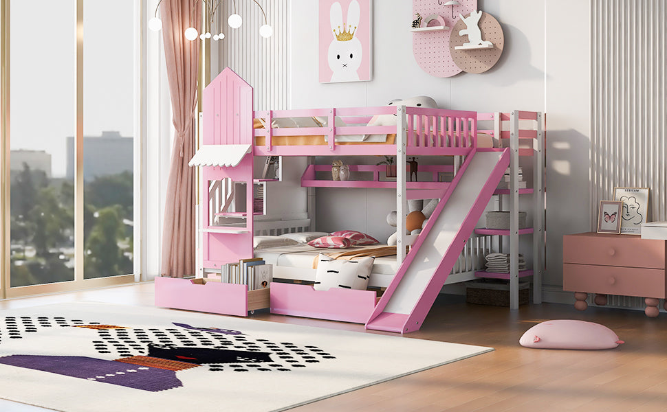 Full Over Full Castle Style Bunk Bed With 2 Drawers 3 Shelves And Slide Pink Pink Solid Wood