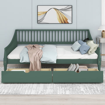 Full Size Daybed With Two Storage Drawers And Support Legs, Green Green Solid Wood Mdf