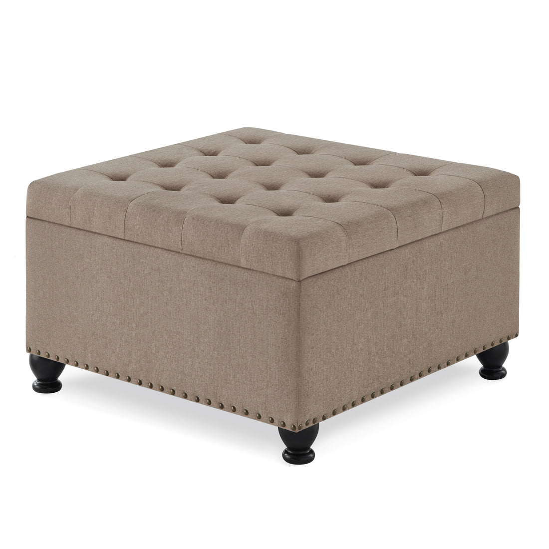 Large Square Storage Ottoman With Wooden Legs, Upholstered Button Tufted Coffee Table With Nail Trims For For Living Space,Linen Espresso Wood Primary Living Space Black Solid Rubberwood Wood With Storage Linen Linen Linen Or Linen Blend Backless Medium