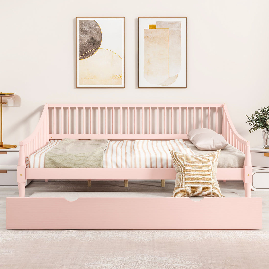 Full Size Daybed With Trundle And Support Legs, Pink Pink Solid Wood Mdf
