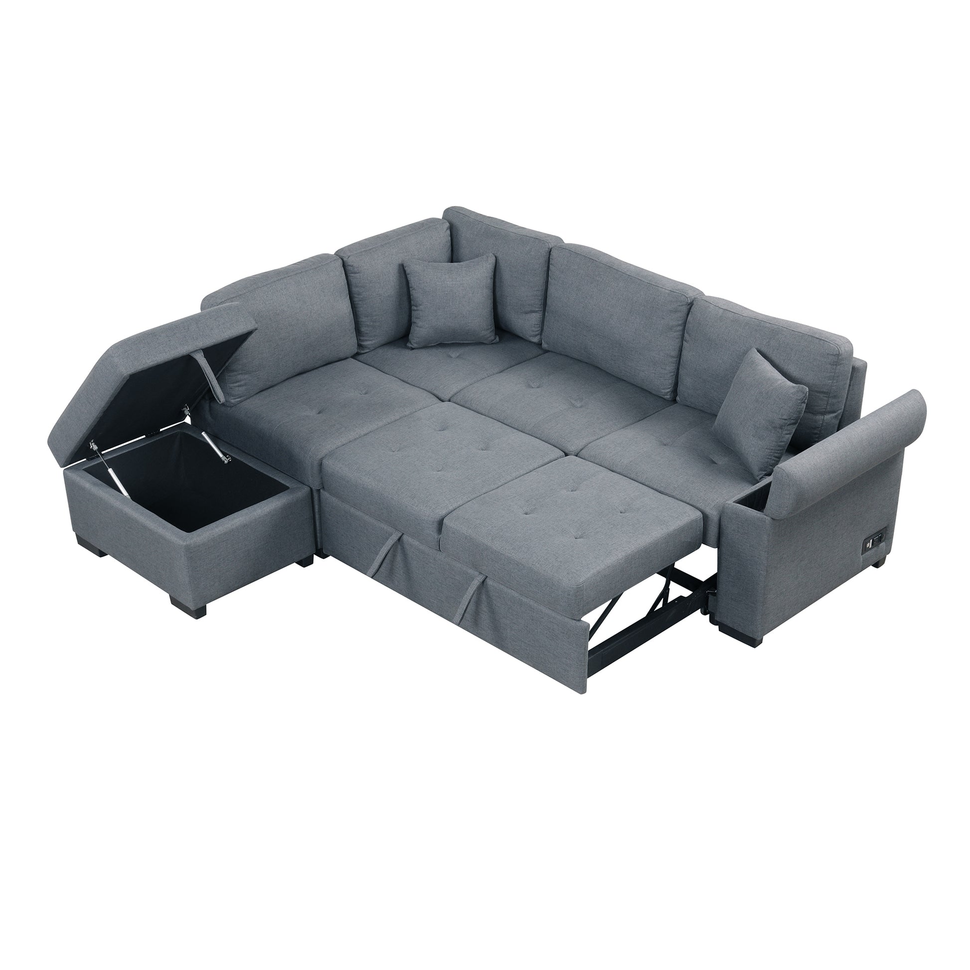 Sleeper Sectional Sofa, L Shape Corner Couch Sofa Bed With Storage Ottoman & Hidden Arm Storage & Usb Charge For Living Room Apartment, Dark Gray Dark Gray Linen 4 Seat