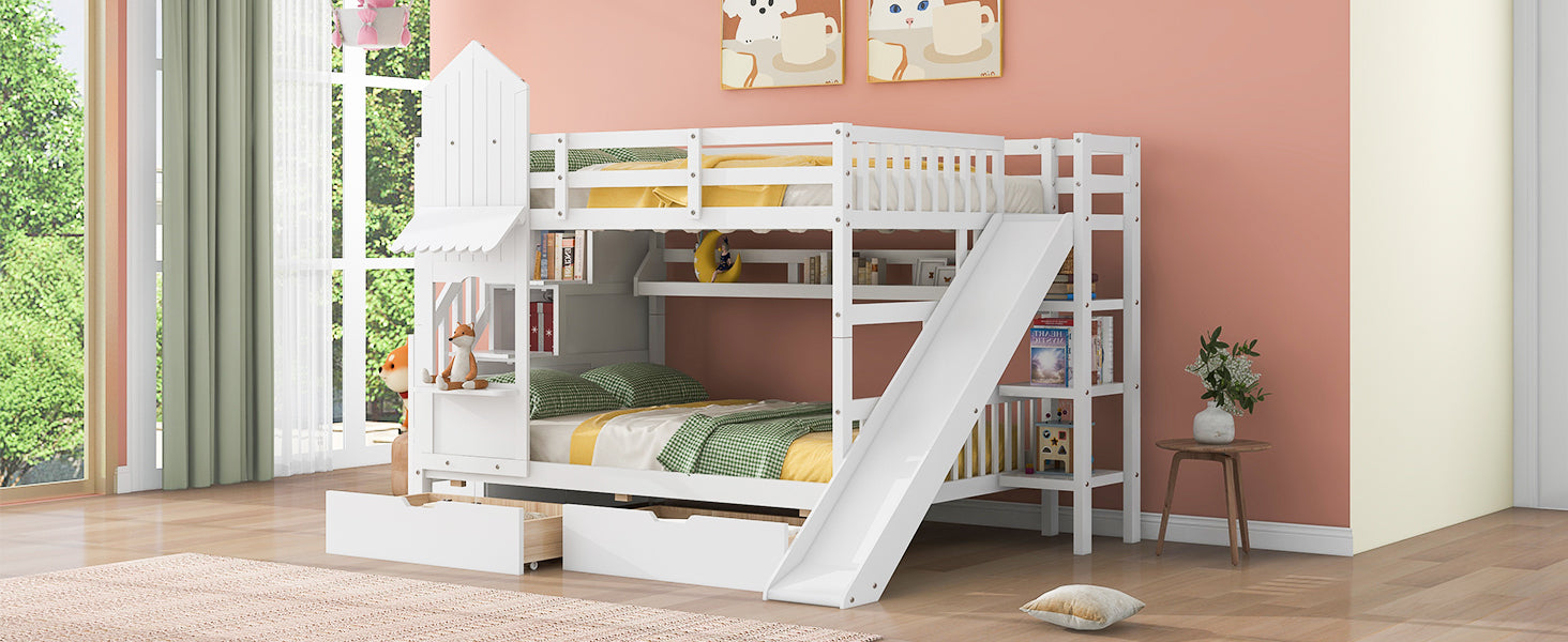 Full Over Full Castle Style Bunk Bed With 2 Drawers 3 Shelves And Slide White White Solid Wood