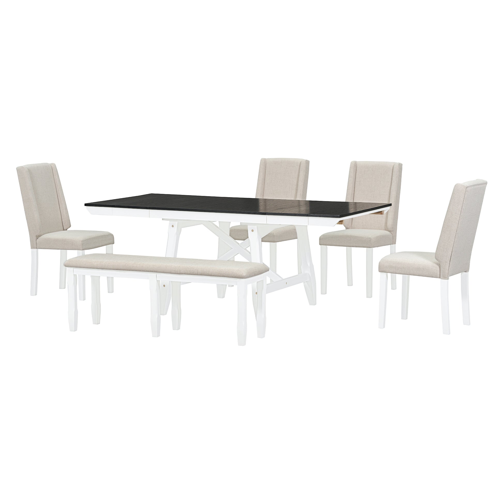 6 Piece Classic Dining Table Set, Rectangular Extendable Dining Table With Two 12"W Removable Leaves And 4 Upholstered Chairs & 1 Bench For Dining Room White Black White Black Solid Wood