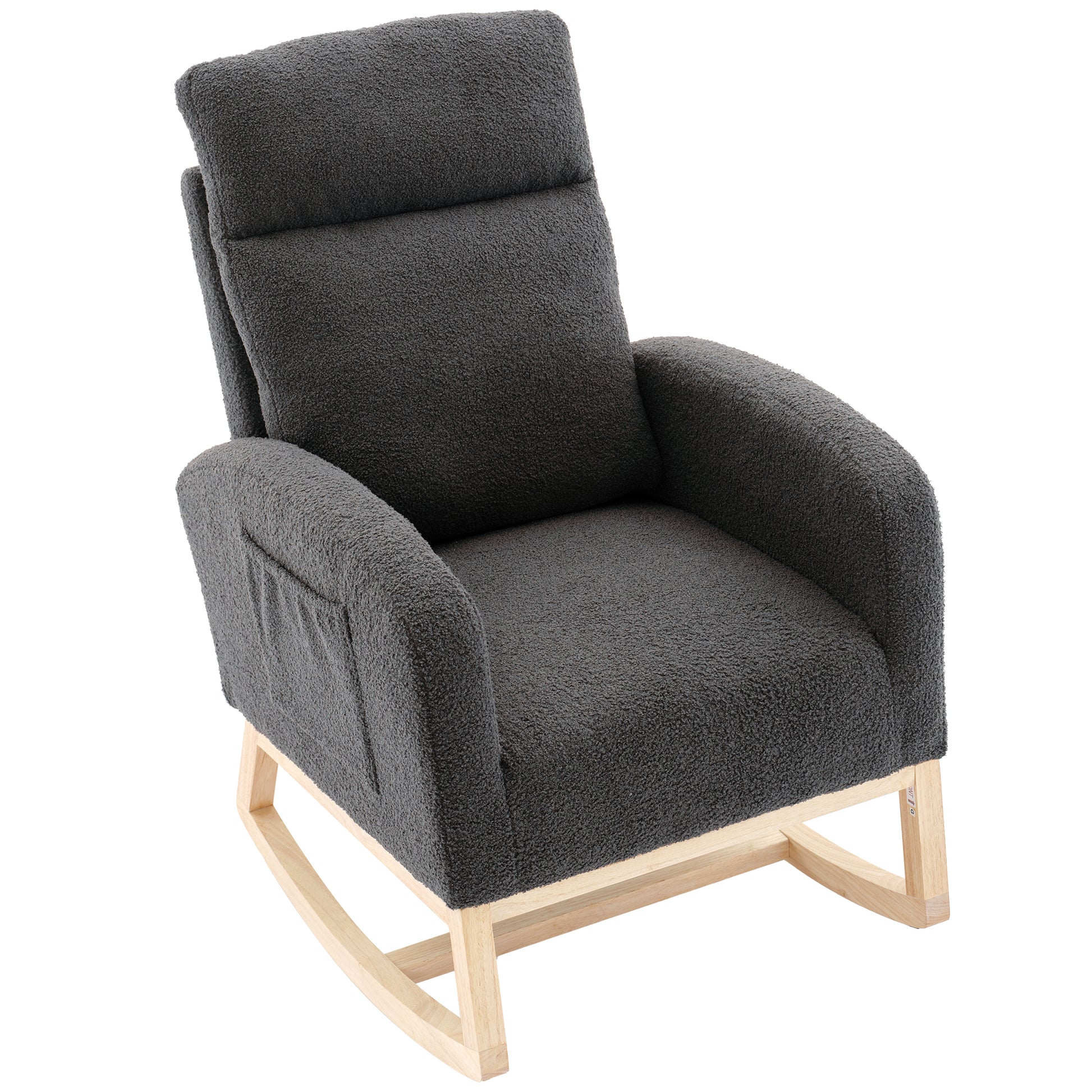 Modern Accent Rocking Chair Rocking Chair With Solid Wood Legs, Upholstered Nursery Glider Rocker, Comfy Armchair With Side Pocket, Living Room Lounge Arm Chair With High Backrest Dark Grey,Teddy Dark Grey White Primary Living Space Casual Foam Teddy