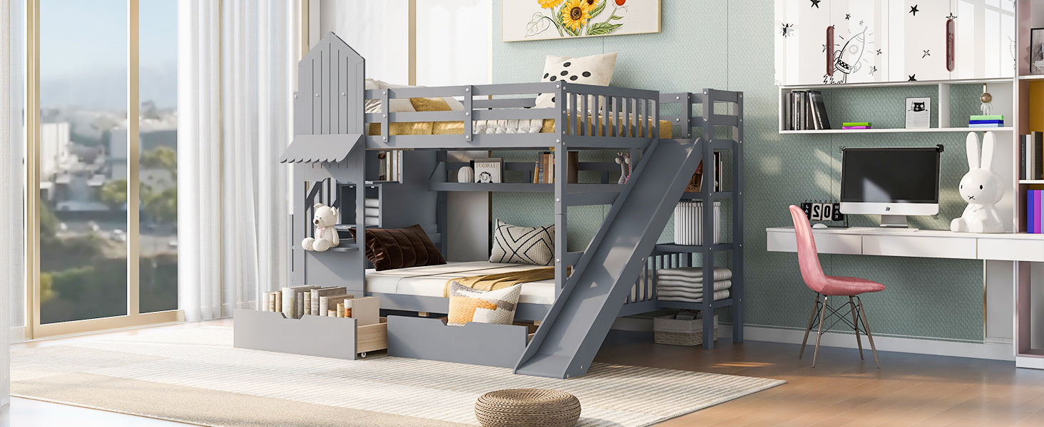 Full Over Full Castle Style Bunk Bed With 2 Drawers 3 Shelves And Slide Gray Gray Solid Wood