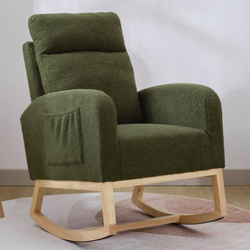 Modern Accent Rocking Chair Rocking Chair With Solid Wood Legs, Upholstered Nursery Glider Rocker, Comfy Armchair With Side Pocket, Living Room Lounge Arm Chair With High Backrest Dark Green,Teddy Dark Green White Primary Living Space Casual Foam Teddy