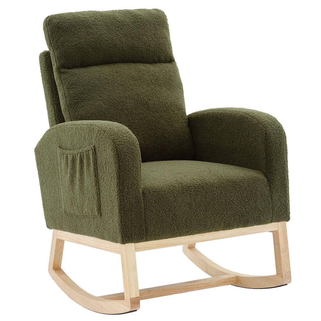 Modern Accent Rocking Chair Rocking Chair With Solid Wood Legs, Upholstered Nursery Glider Rocker, Comfy Armchair With Side Pocket, Living Room Lounge Arm Chair With High Backrest Dark Green,Teddy Dark Green White Primary Living Space Casual Foam Teddy