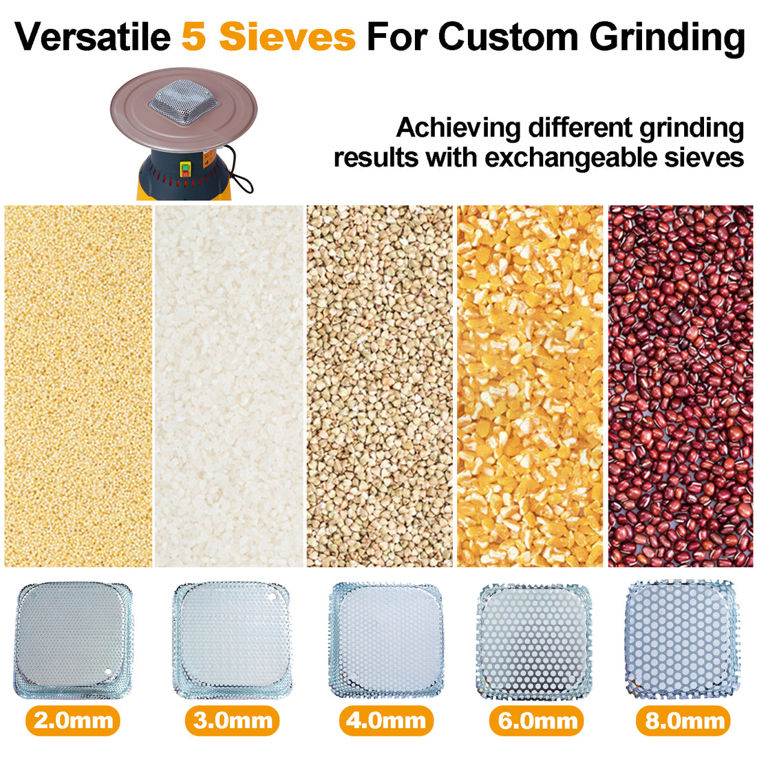 50L Grain Mill Grinder Electric Corn Grinder, Grain Mills Mill Flour Mills Molino De Maiz, Farm Home Electric Grinder For Corn Grain Feed, Wheat Grinder With 5 Grinder Sieves 1Wrench Dark Gray Steel