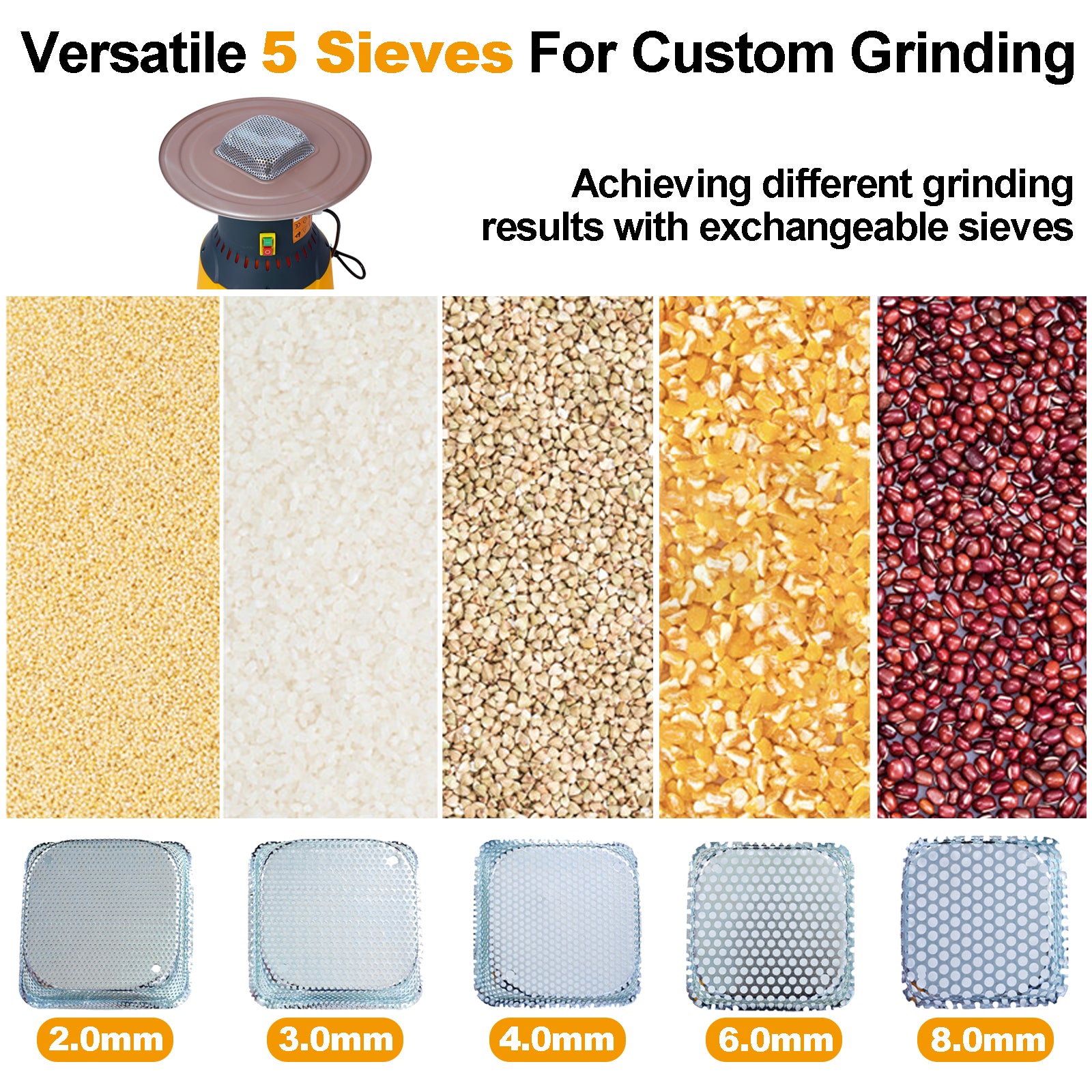 50L Grain Mill Grinder Electric Corn Grinder, Grain Mills Mill Flour Mills Molino De Maiz, Farm Home Electric Grinder For Corn Grain Feed, Wheat Grinder With 5 Grinder Sieves 1Wrench Dark Gray Steel