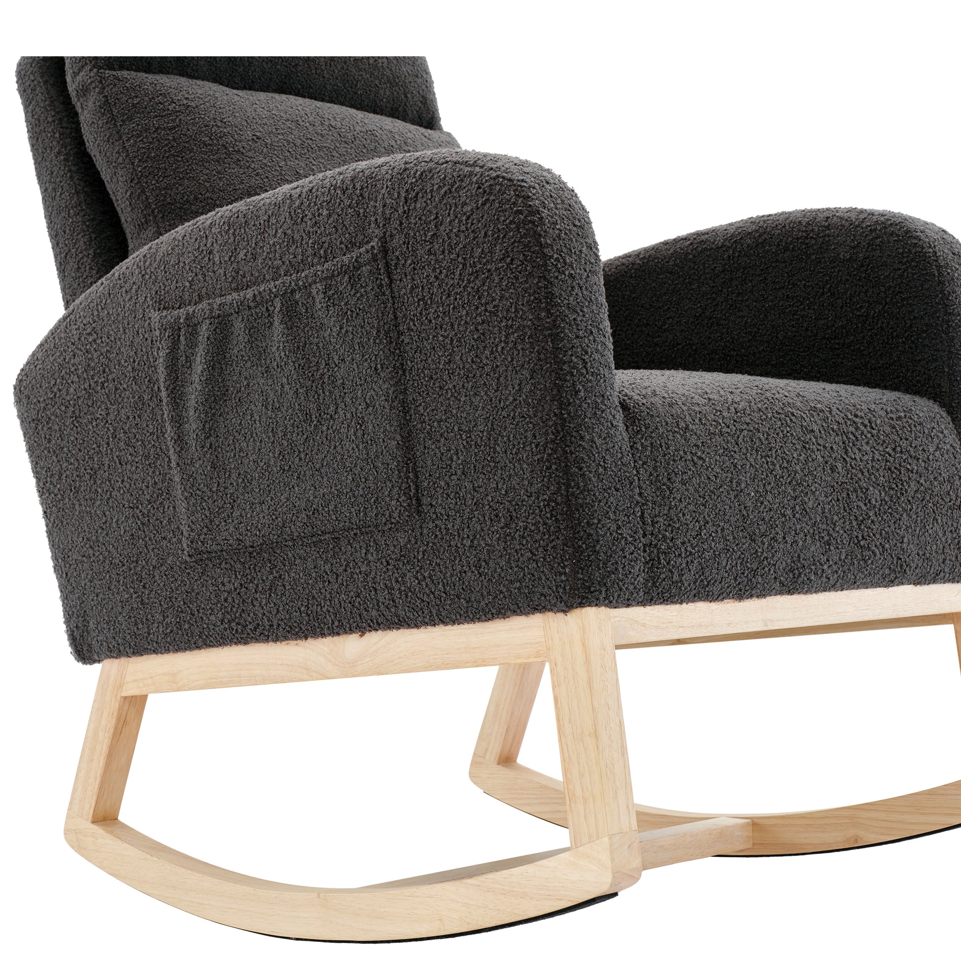 Modern Accent Rocking Chair Rocking Chair With Solid Wood Legs, Upholstered Nursery Glider Rocker, Comfy Armchair With Side Pocket, Living Room Lounge Arm Chair With High Backrest Dark Grey,Teddy Dark Grey White Primary Living Space Casual Foam Teddy