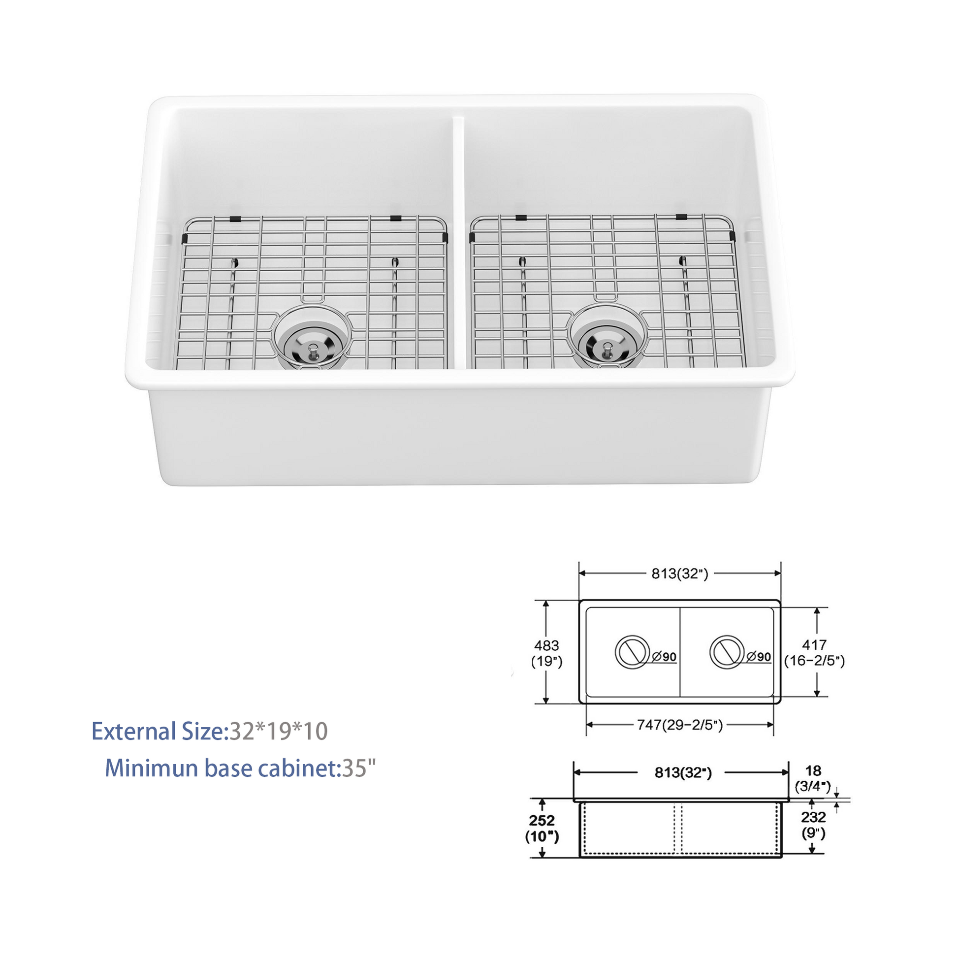 32" Undermount Double Bowl Ceramic Kitchen Sink Dual Mount White Ceramic Rectangular Deep Double Bowl Sink Basin White Ceramic