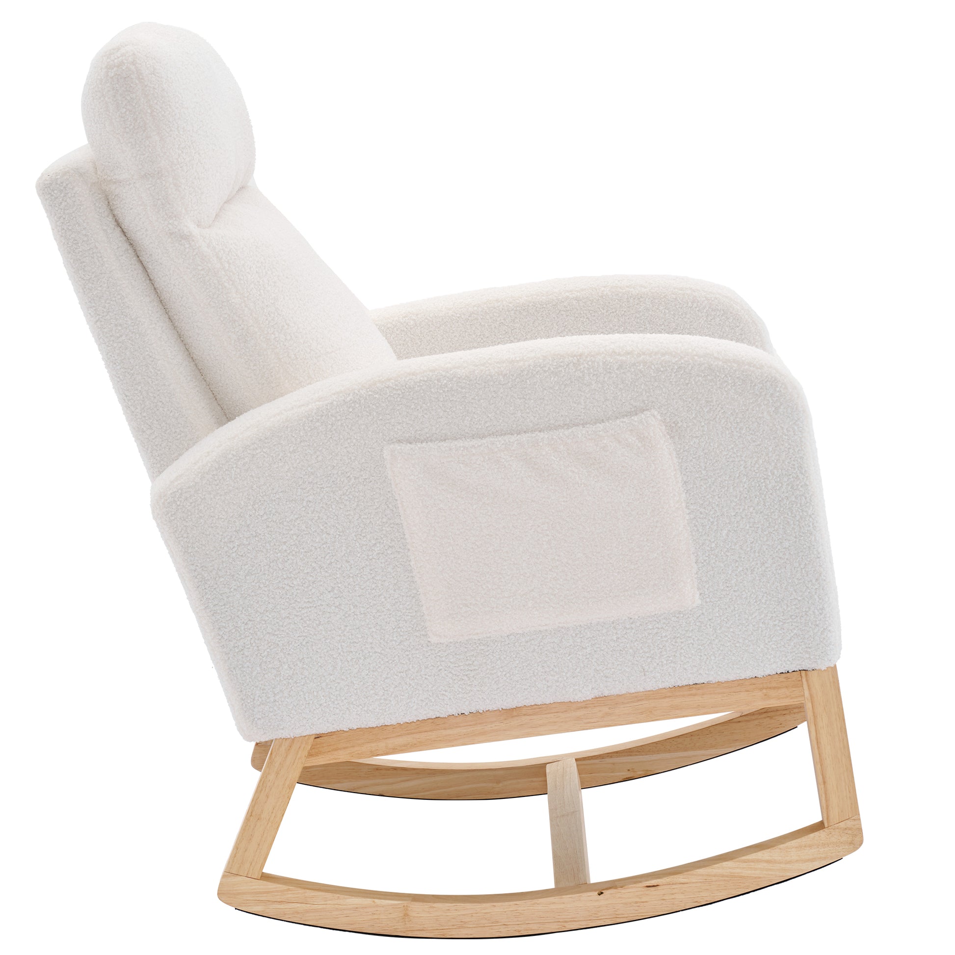 Modern Accent Rocking Chair Rocking Chair With Solid Wood Legs, Upholstered Nursery Glider Rocker, Comfy Armchair With Side Pocket, Living Room Lounge Arm Chair With High Backrest White,Teddy White White Primary Living Space Casual Foam Teddy