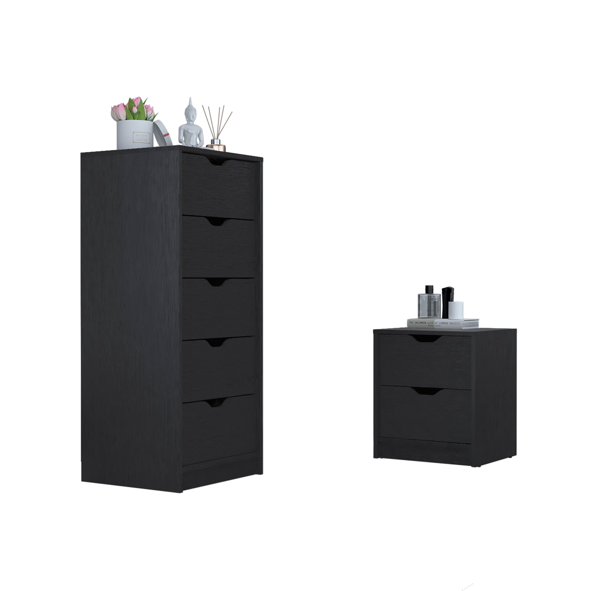 Raymer 2 Piece Bedroom Set, Nightstand Dresser, Black Black Particle Board Particle Board