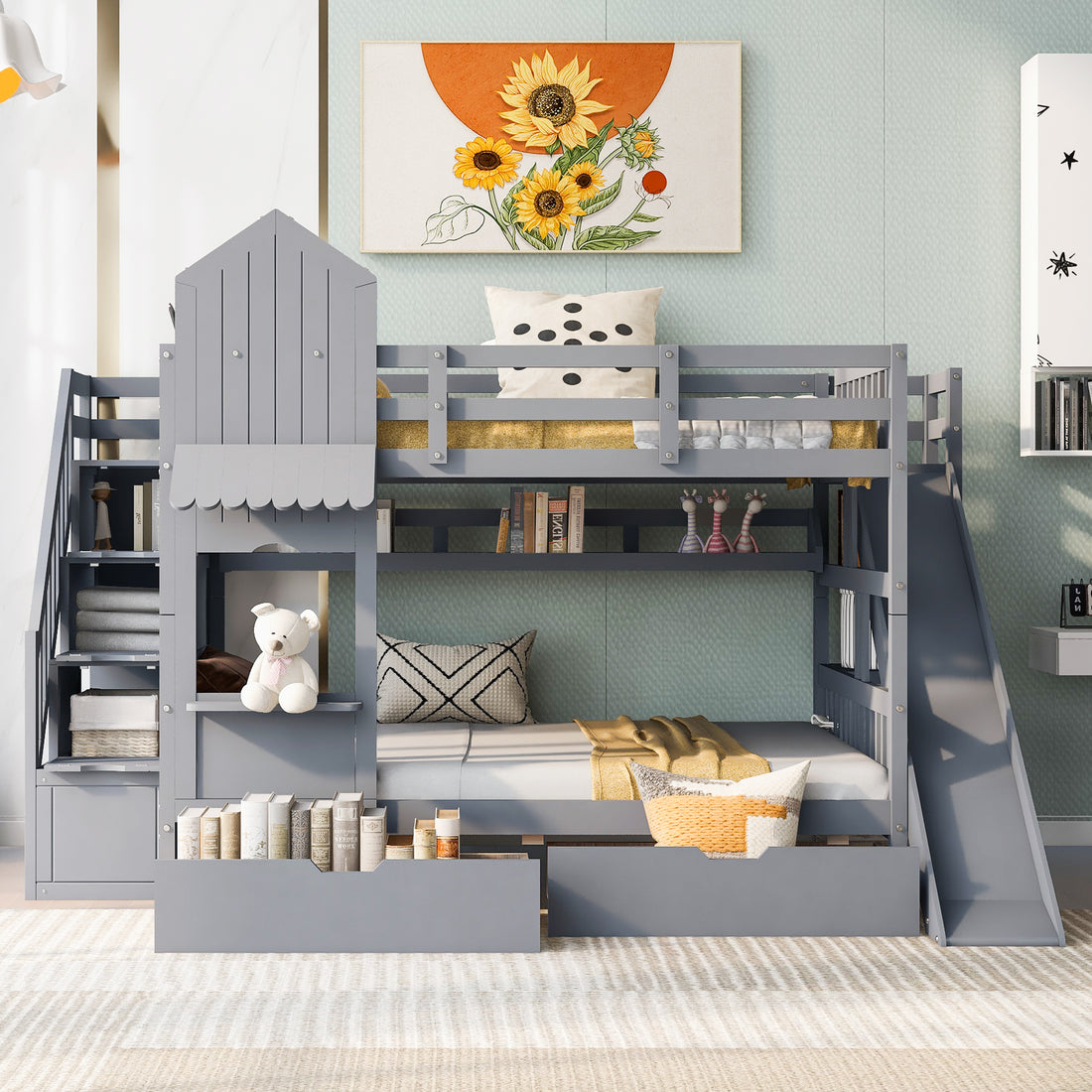 Full Over Full Castle Style Bunk Bed With 2 Drawers 3 Shelves And Slide Gray Gray Solid Wood